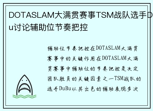 DOTASLAM大满贯赛事TSM战队选手DuBu讨论辅助位节奏把控