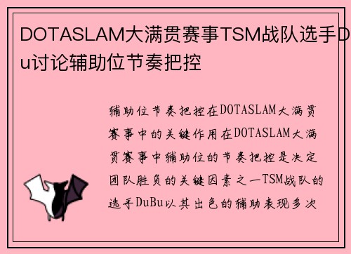 DOTASLAM大满贯赛事TSM战队选手DuBu讨论辅助位节奏把控